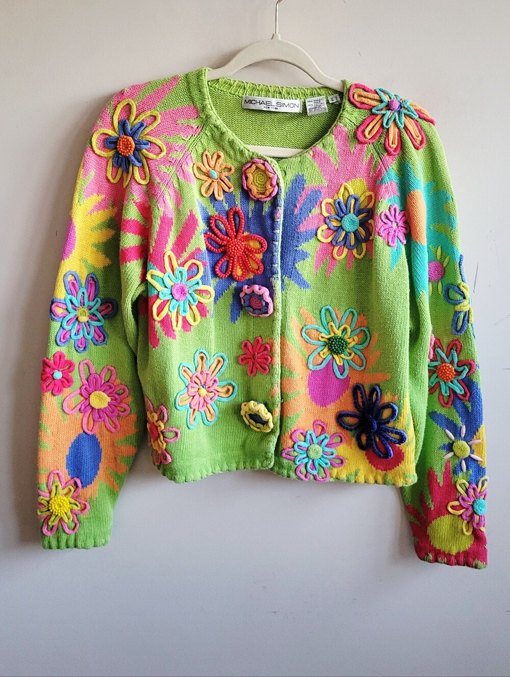 Michael Simon 3D Floral Embelished Button Front Sweater